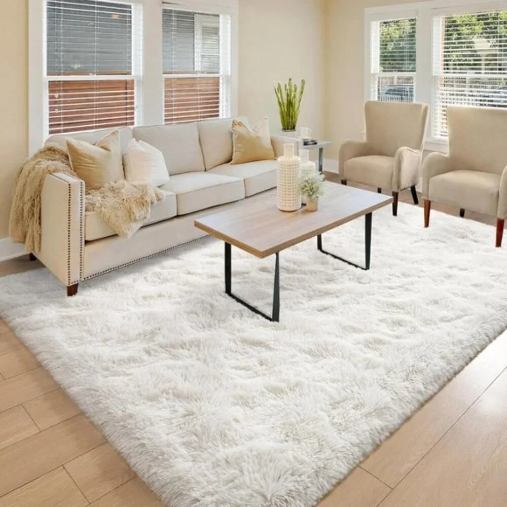 New 4x6 White Fluffy Rug, Cozy Cream Non-Slip Area Rug for Living Room & Bedroom